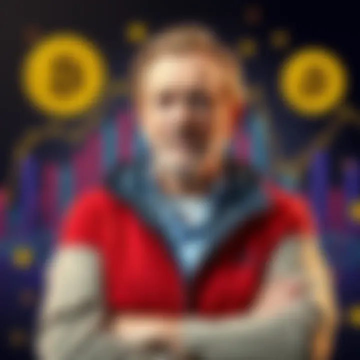 John McAfee stands confidently with Bitcoin graphics in the background, illustrating his bold prediction about its future value.