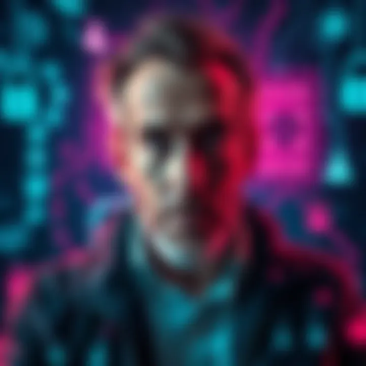 John Mcafee's Tech Revolution A thought-provoking portrait of John Mcafee surrounded by digital elements illustrating privacy and technology