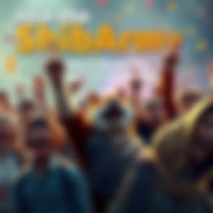 A diverse group of people celebrating and engaging with the Shiba Inu cryptocurrency community, showcasing excitement and camaraderie.