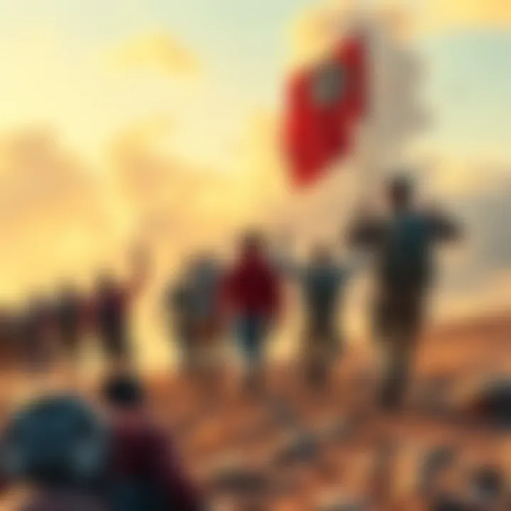 Group of determined people reaching towards a distant goal, symbolizing ambition and resilience