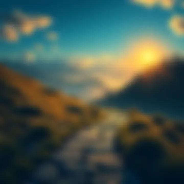 A serene landscape with a winding path symbolizing growth and patience, intertwined with Bitcoin elements.