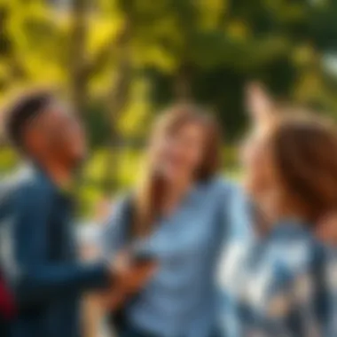A group of friends sharing a laugh in a sunny park, enjoying a lighthearted moment.