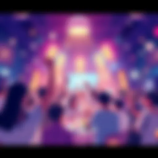 A vibrant illustration showcasing people celebrating in a festive atmosphere within a blockchain environment, featuring colorful graphics and engaging elements.