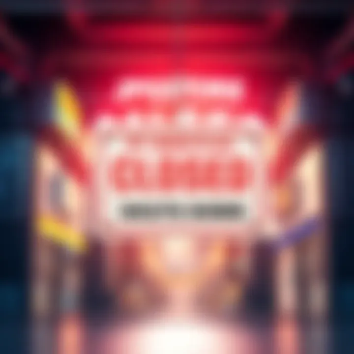 A digital graphic showing a closed sign over a virtual marketplace, symbolizing the shutdown of JPGstore NFT Marketplace