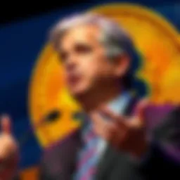 JPMorgan CEO Jamie Dimon speaking about Bitcoin access for clients, with a Bitcoin symbol in the background.
