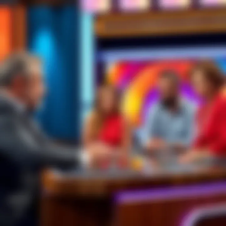 A group of judges discussing their feedback on a home renovation show, with one judge looking frustrated and another appearing skeptical, set in a colorful studio environment