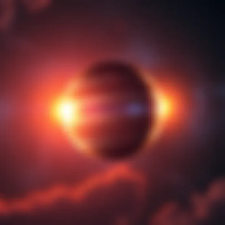 A view of Jupiter surrounded by two bright suns in a cosmic setting, highlighting the planet's swirling storms and colorful atmosphere.