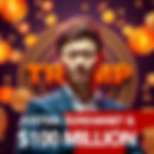 Justin Sun stands confidently with a backdrop of cryptocurrency symbols and a TRUMP logo, highlighting his $100 million commitment.