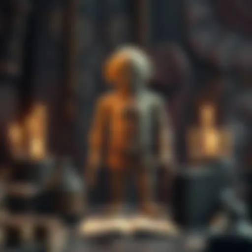 A Kabbalistic Golem made from river clay stands in a mystical scene, surrounded by ancient texts and candles, symbolizing its creation by Rabbi Judah Loew.