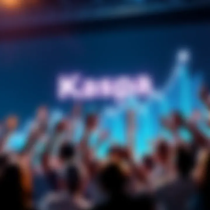 A group of happy investors celebrating a potential price rise in Kaspa cryptocurrency, with a chart showing upward trends in the background.