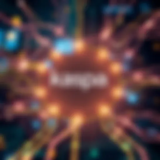 A graphic showing a digital representation of smart contracts with the Kaspa logo