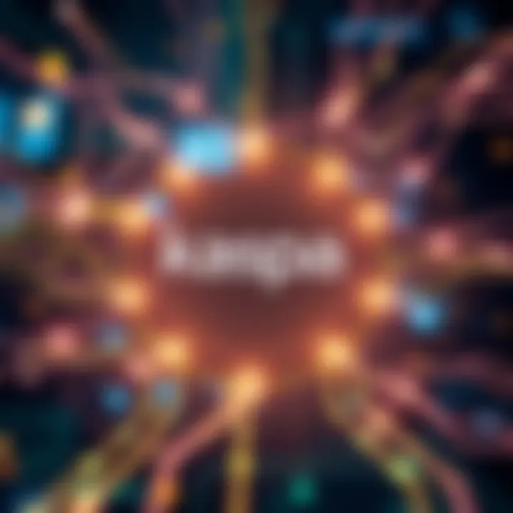 A graphic showing a digital representation of smart contracts with the Kaspa logo