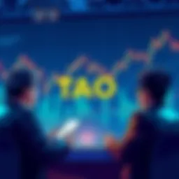 Group of people discussing TAO cryptocurrency, with charts and graphs in the background showing market trends.