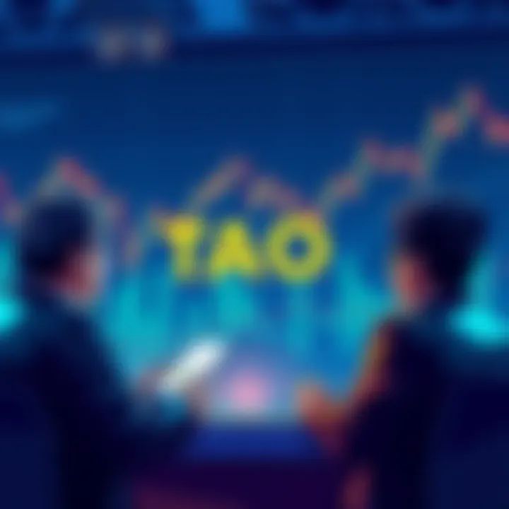 Group of people discussing TAO cryptocurrency, with charts and graphs in the background showing market trends.
