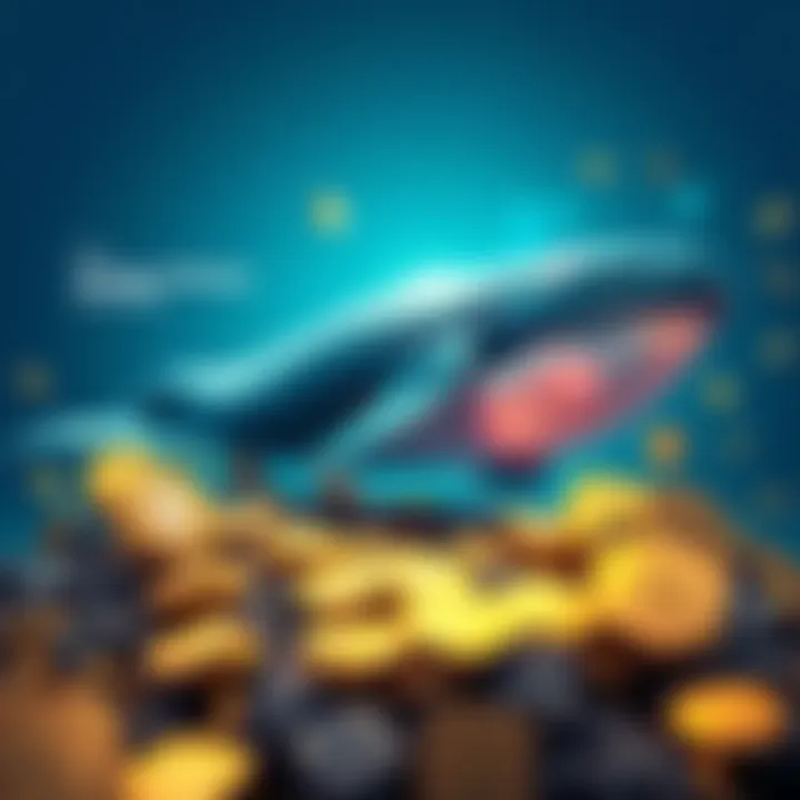 A graphic showing a large whale symbolizing a major player in cryptocurrency, with KAS coins surrounding it, representing the accumulation of $90 million worth of KAS.