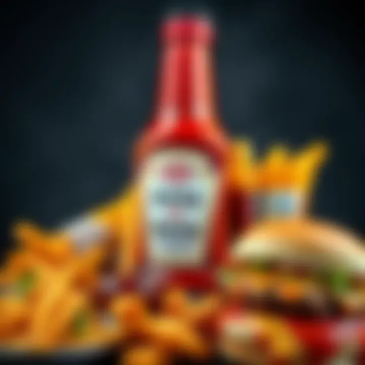 A bottle of ketchup surrounded by various foods like fries and burgers, showcasing its role as a popular condiment.