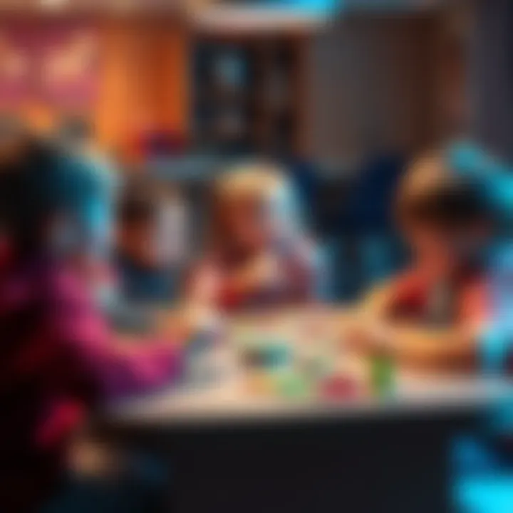 Kids Learning About Money A group of children sitting around a table, engaged with a colorful money counting game, smiling and working together.