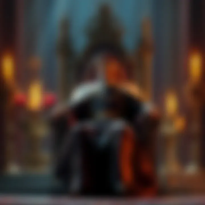 A king in regal attire sitting on a grand throne, looking contemplative and surrounded by symbols of power, representing his rise and fall.