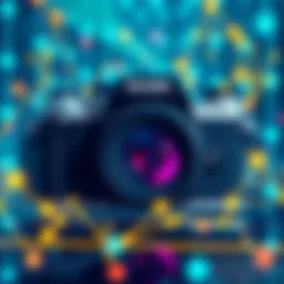 A Kodak camera surrounded by digital blockchain graphics representing photography rights management.