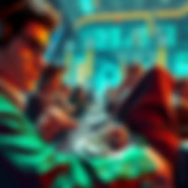 A thoughtful depiction of crypto investors pondering over Koinly's VPN ban amidst digital privacy concerns.