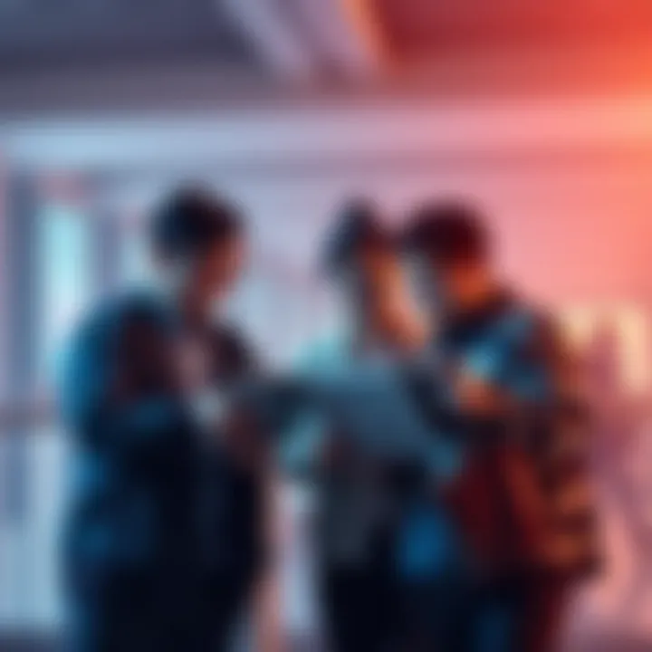 Group of South Koreans in their 20s to 50s discussing cryptocurrency investments with charts and laptops