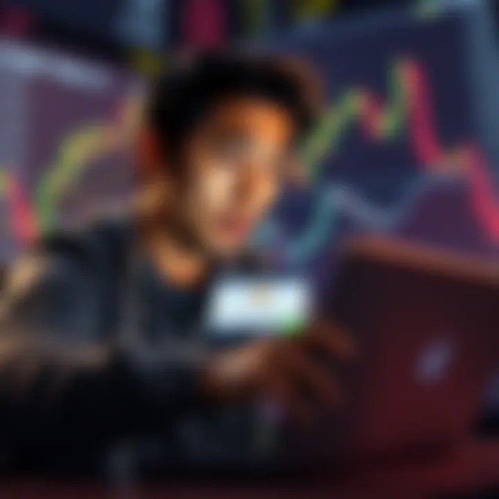A person looking worried while checking their laptop, showing a notification about their Kraken account being under review, with a financial chart in the background