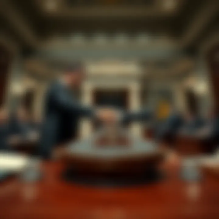 Kraken representatives shake hands with Federal Reserve officials in a formal meeting setting, symbolizing a new partnership in the cryptocurrency sector.