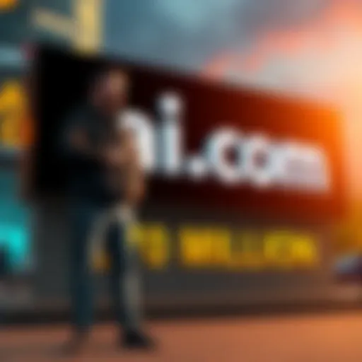 Kris Marszalek stands next to a large sign displaying the ai.com domain, celebrating his $70 million purchase.