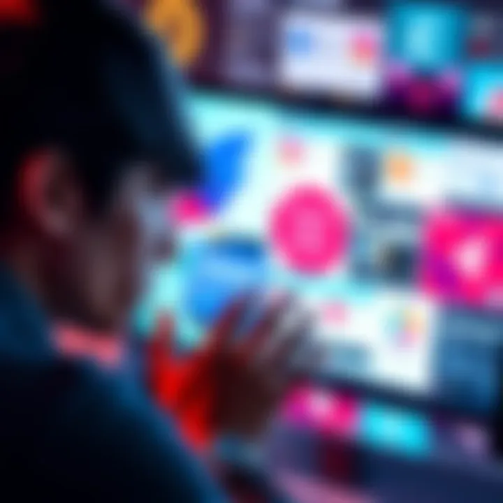A frustrated person looks at a screen filled with confusing crypto information and social media posts from influencers.