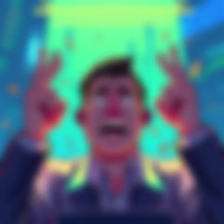 An illustration depicting a frustrated trader facing app issues on KuCoin, symbolizing liquidation stress.