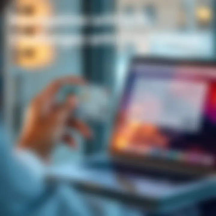 A person holding a modern ID card, reflecting their current appearance and a laptop with KYC forms on the screen