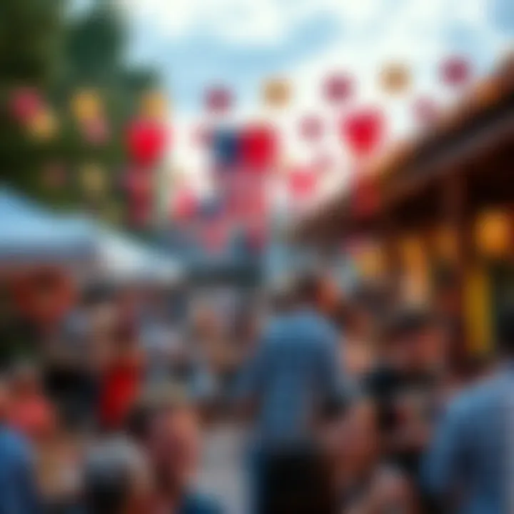 A vibrant outdoor gathering in Texas with people enjoying food, music, and festive decorations for Labor Day.