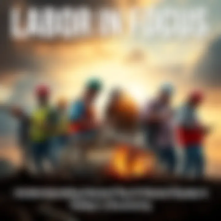 A visual representation of individuals engaged in various physically demanding jobs, symbolizing sweat pay and its challenges, contrasted with a person enhancing property value through personal effort, representing sweat equity.