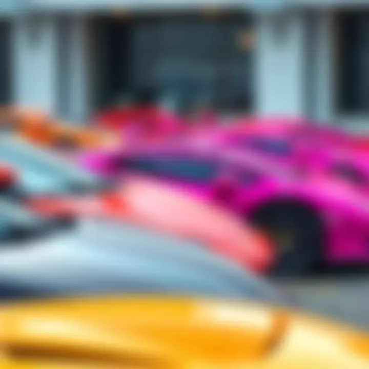 A row of Lamborghini cars showcasing bright colors like fluro-red, hot pink, and sleek black, highlighting preferences among car enthusiasts.