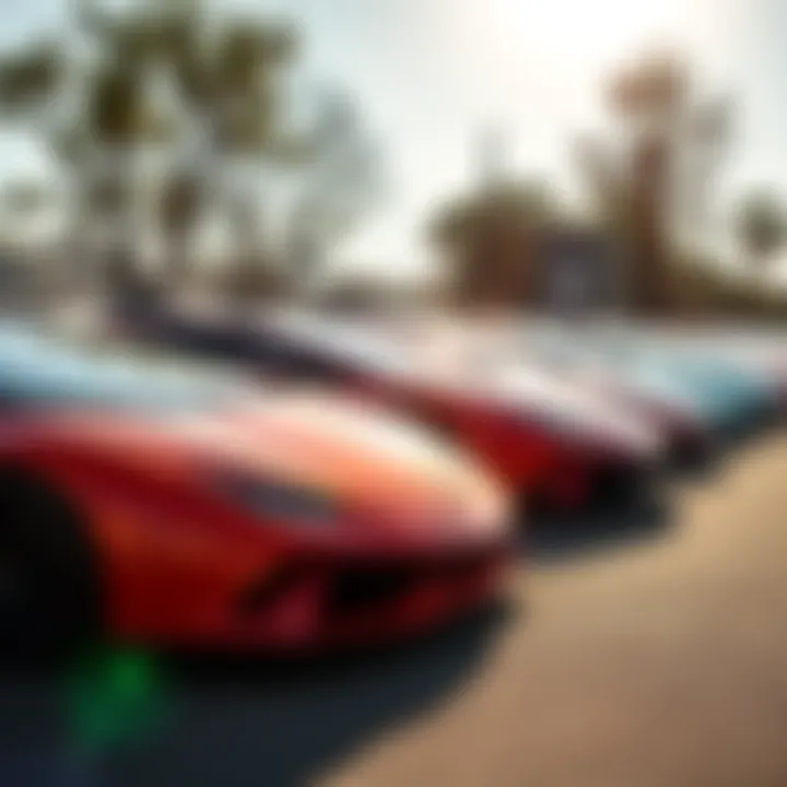 Several shiny Lamborghinis parked in a row, showcasing their unique designs and colors under bright sunlight