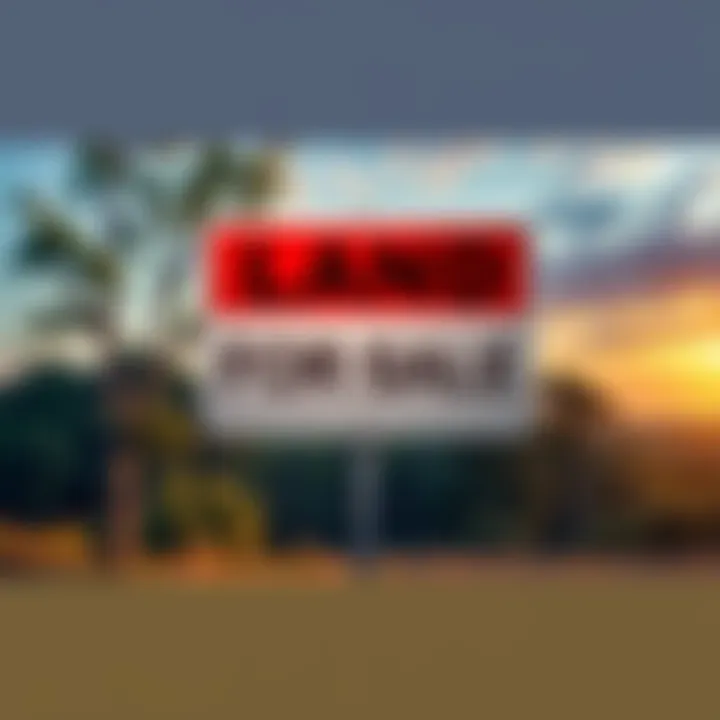 Land for Sale Sign A sign indicating land for sale in a rural area with trees and open fields in the background.