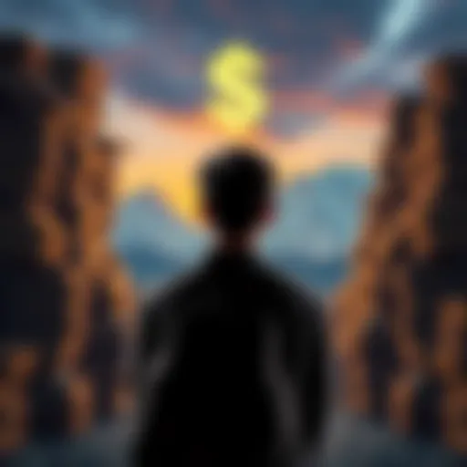 A person contemplating buying more land parcels or saving money for a boost in earnings, with a background of land parcels and a dollar sign representing profits.