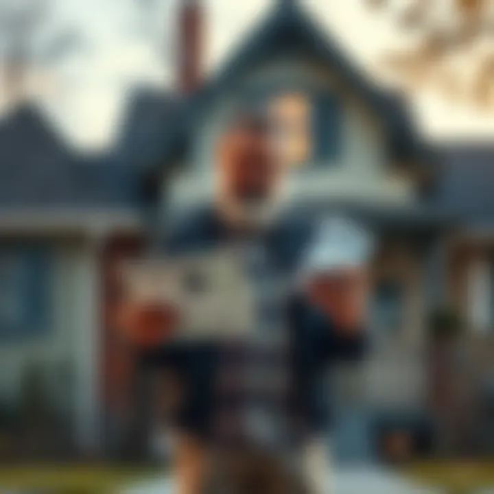 A worried landlord standing in front of a rental property, looking at overdue rent notices in hand