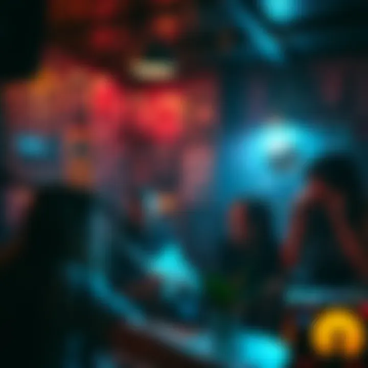 A group of young people enjoying music in a dimly lit room, surrounded by punk posters and records, reflecting a lively nightlife and culture.