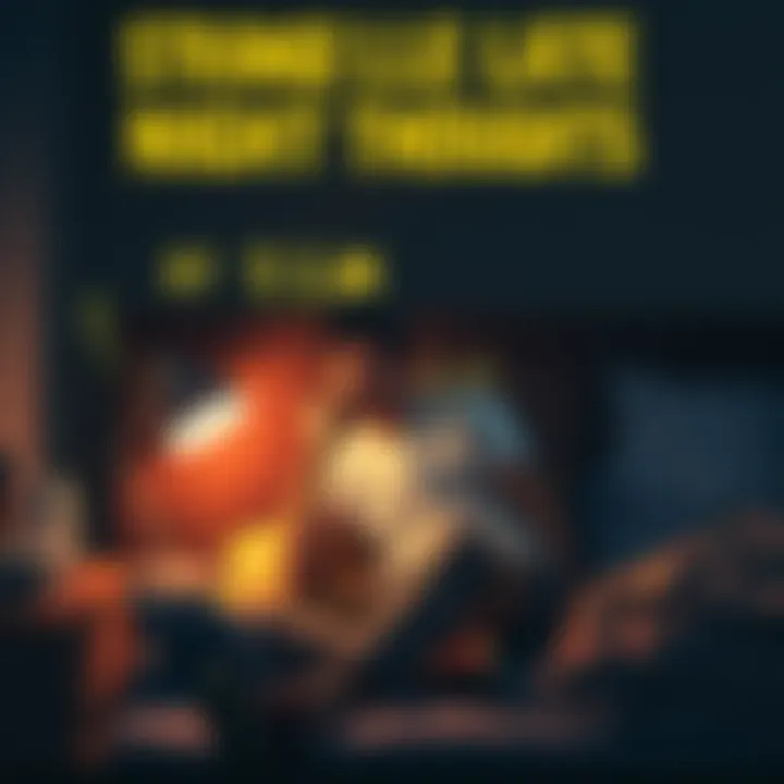 A person sitting on a bed at 1:19 AM, looking thoughtful with a light on, a notebook nearby, and a humorous expression on their face.