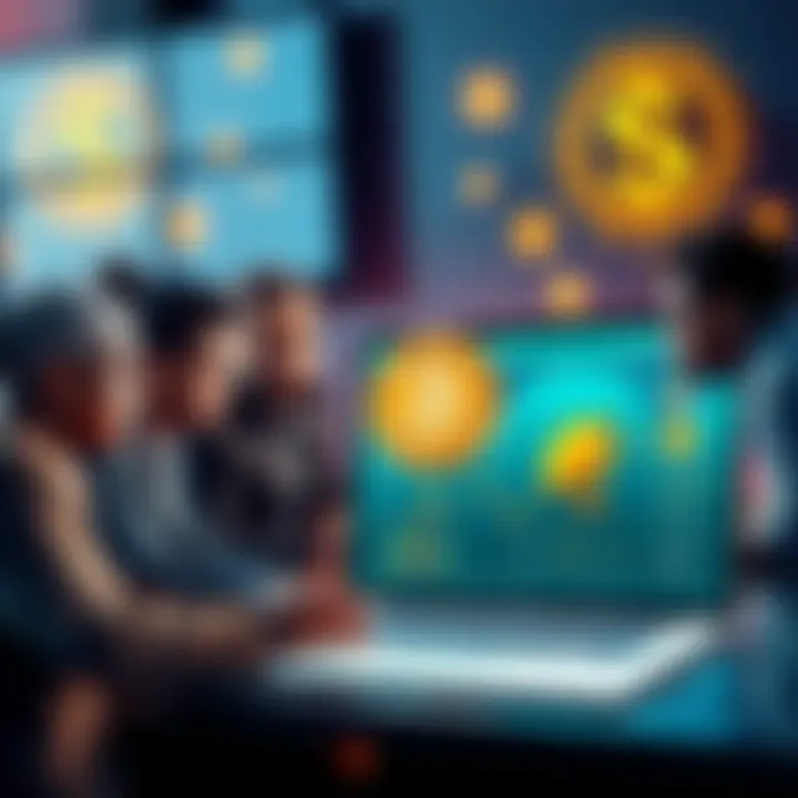 A group of diverse people discussing a coin launch on Solana, surrounded by digital currency symbols and a laptop displaying the Solana blockchain interface.