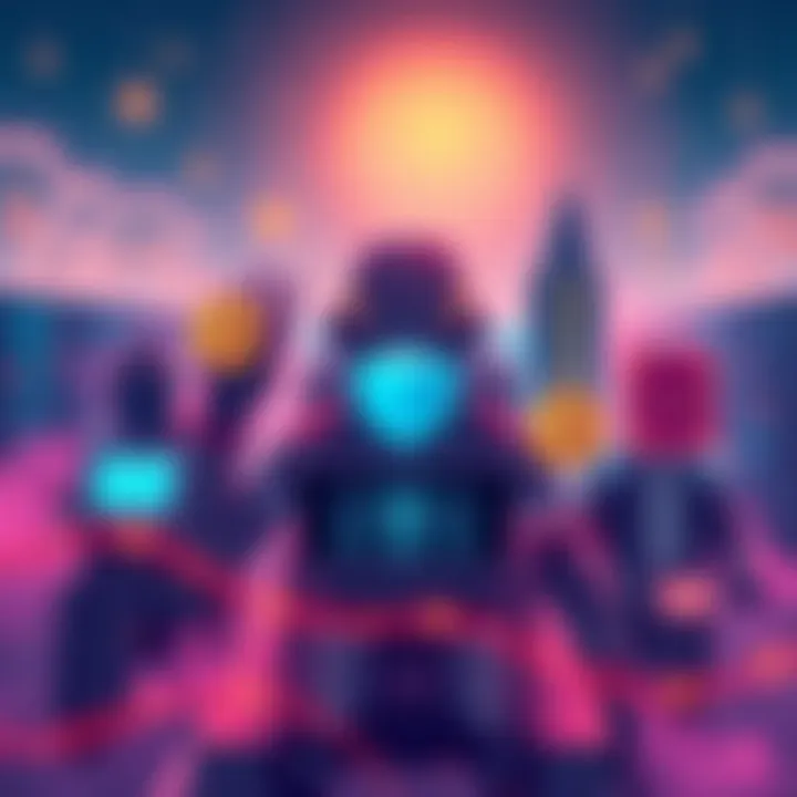 Illustration showing five use cases launching on Hedera, including stablecoins and cybersecurity projects, representing innovation in technology and finance.