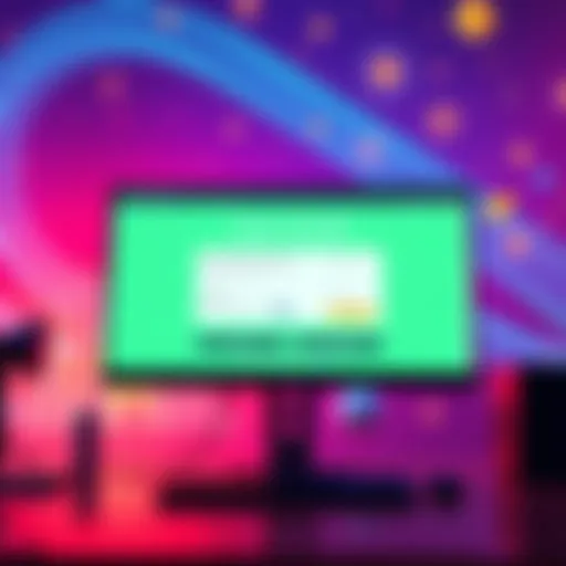 A computer screen displaying a simple interface for creating an ERC-20 token without coding knowledge, with vibrant graphics and icons representing blockchain technology.