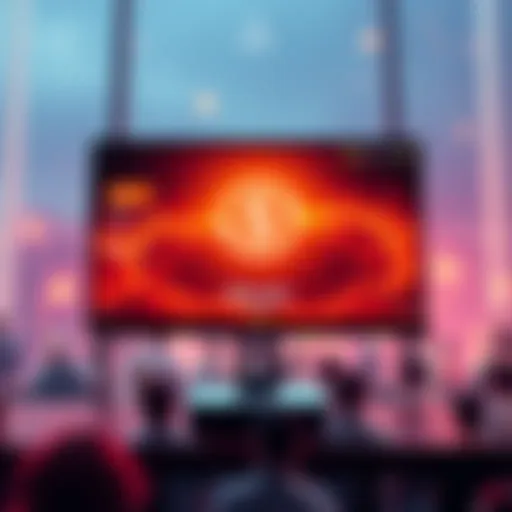 A digital representation of launching a Solana token on a computer screen with a community of engaged people in the background