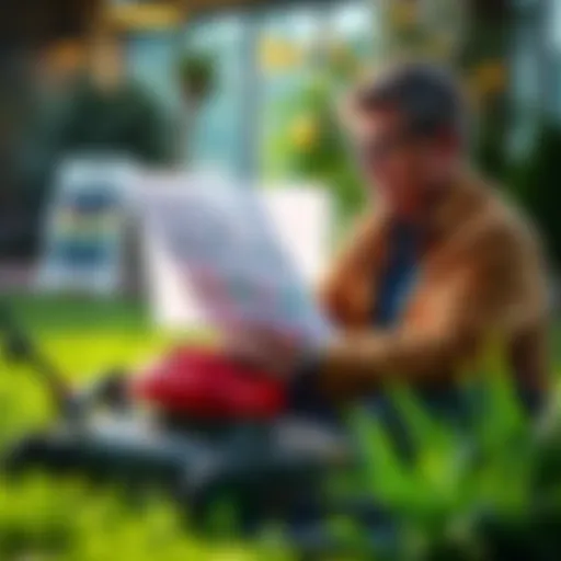 A lawn care expert analyzing financial charts next to a lawn mower and green grass