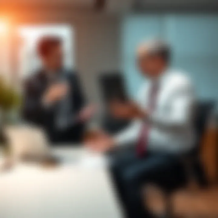 A lawyer discussing options with a client about locked funds and legal strategies in an office setting.