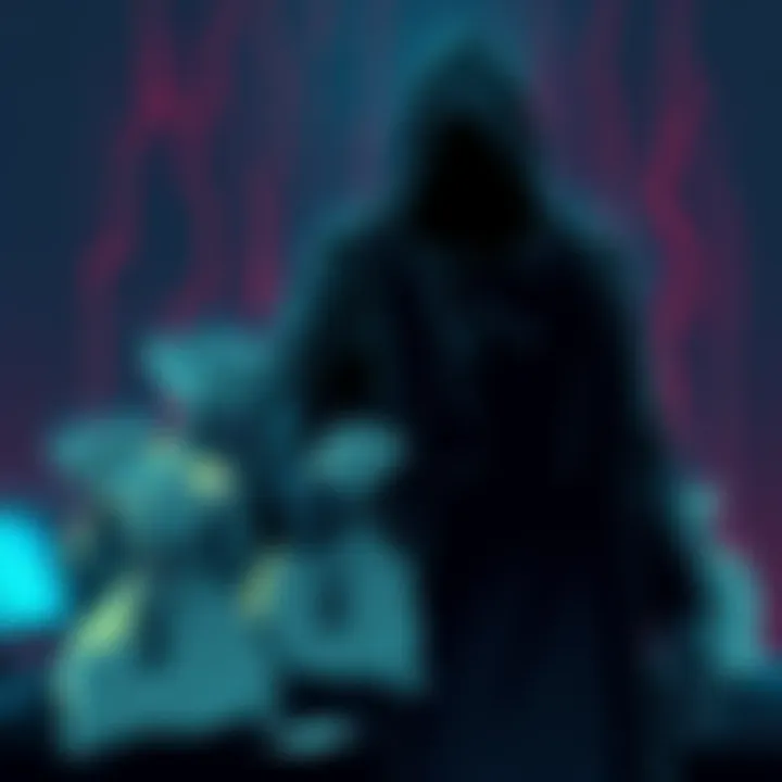 Illustration of a shadowy figure representing the Lazarus Group with bags of money and a computer screen showing cryptocurrency theft.