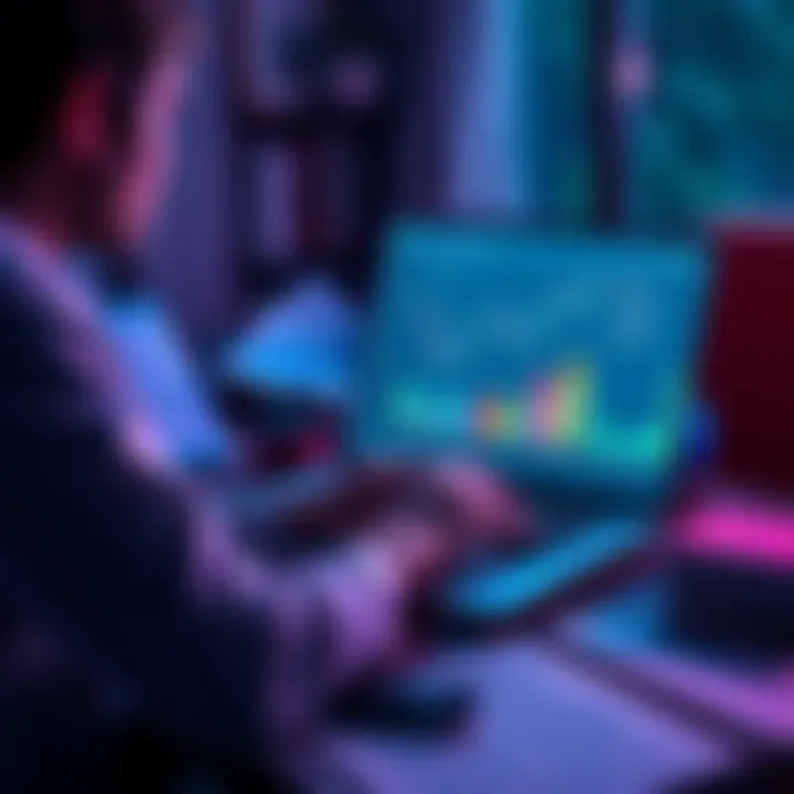 A person studying DeFi on a laptop with charts and graphs on the screen, surrounded by books and online resources