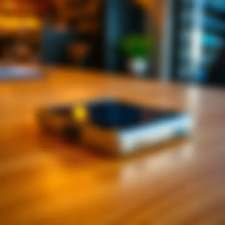 A close-up of the Ledger Flex cold wallet on a wooden table, showing its sleek design and digital screen.