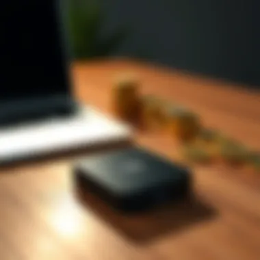 A Ledger Nano device sitting on a wooden table next to a laptop and some cryptocurrency coins, symbolizing unused crypto security.